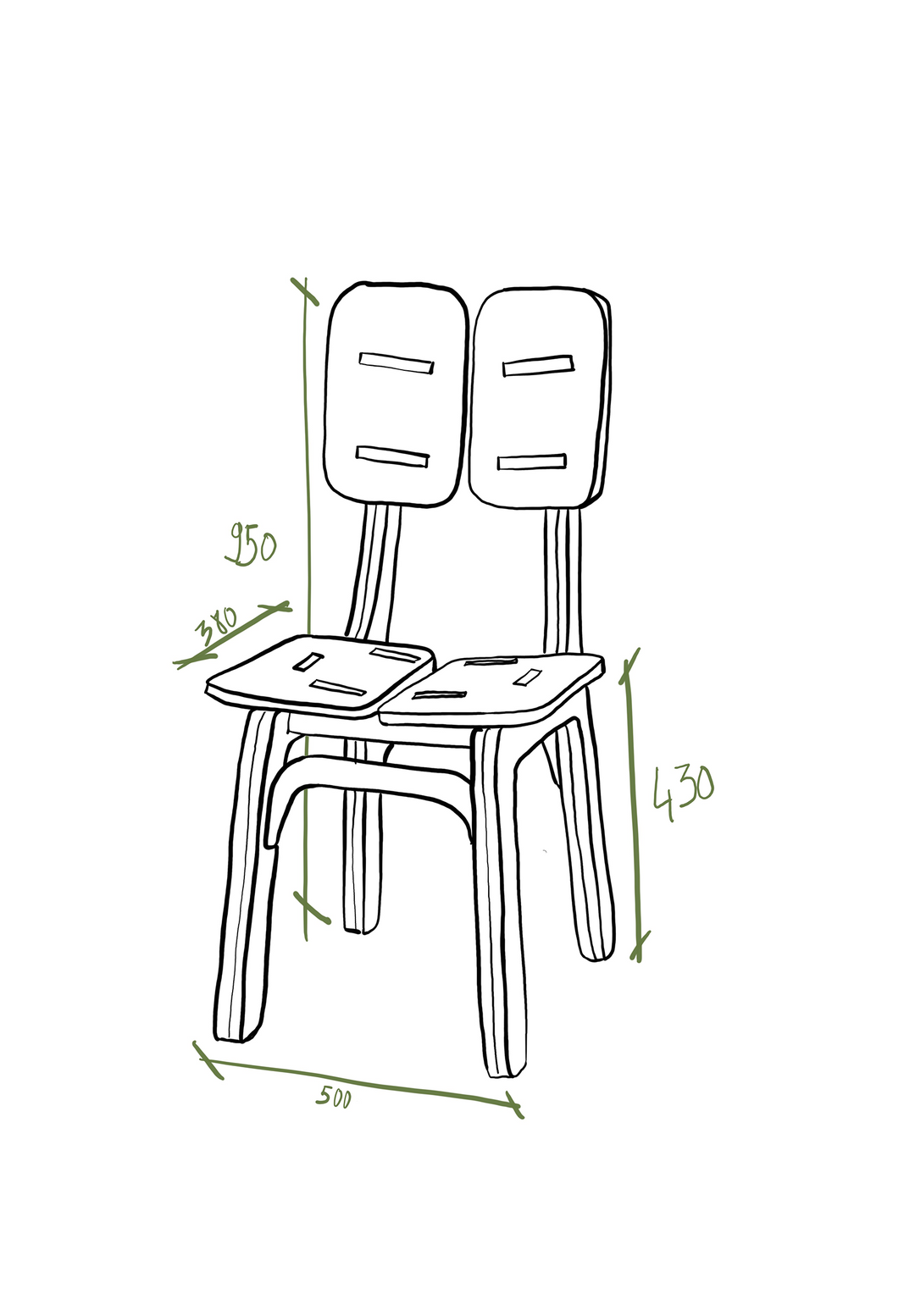 <alt="Dessin technique d’une chaise Kozto, structure bois et assise esquissées à la main">