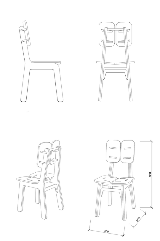 <alt="Chaises CH-01 utilisées dans un espace partagé, mobilier Kozto en bois recyclé">